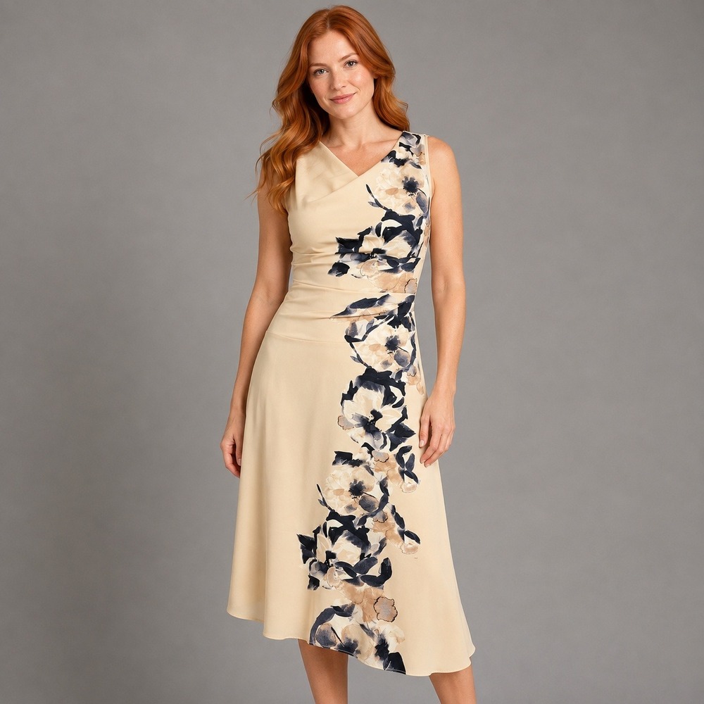 NWT DKNY Size 0P Ivory Floral Ruched Sleeveless Fit Flare Midi Dress
